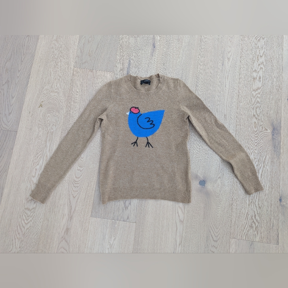 J. Crew Tan Crewneck Sweater with Blue Bird Graphic